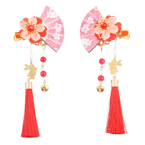 CAXUSD Horquillas Pelo Estilo Japonés Flores Rojas Borlas y Campanas 2 Piezas Accesorio para Mujer y Niñas Adecuado para Bodas Fiestas y Disfraces