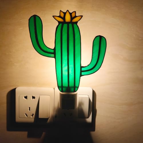 Image of CHEZBABY Stained Glass Night Light Plug into Wall Lamp Decorative Accent Nightlight for Hallway Bedroom Bathroom Kitchen Nature Themed Home Decor (Cactus)
