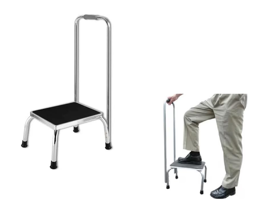 Vanilla Leisure - Heavy Duty Single Step with hand rail, Durable Steel, Easy assembly and Easy Carry, Silver Safe Step, Caravans, Motorhomes Or For the Home.