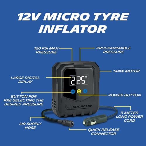 Image of MICHELIN 12V Programmable Digital Micro Tyre Inflator | High-Flow 20L /Min Air Pump with Maximum Pressure of 120 PSI, LED Display & Pre-Set Pressure Function, Auto Shut-Off, Quick Connect Hose
