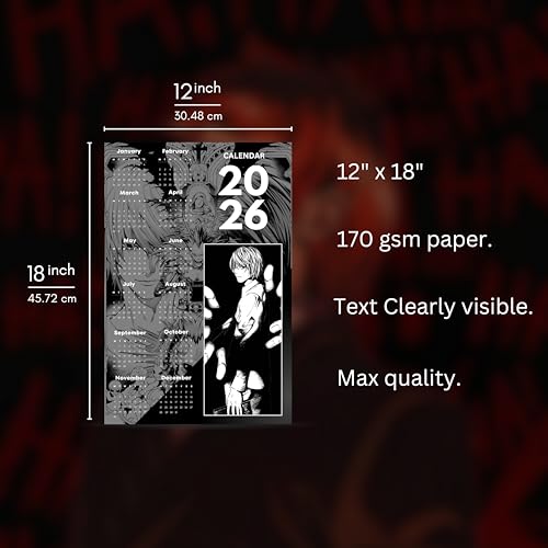 Image of 2026 Anime Calendar - Light Yagami from Death Note | 12 inch x 18 inch size | Wall Decoration Aesthetic Calendars