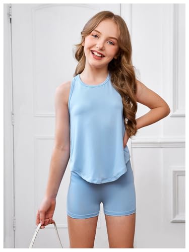 OYOANGLE Girl's 2 Piece Outfits Open Back Racerback Tank Top and Shorts Workout Sets2