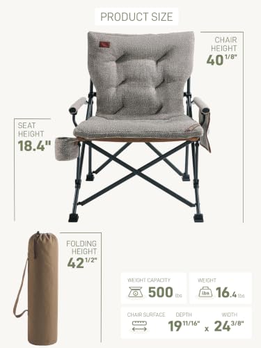 Image of EVER ADVANCED Padded Oversized Folding Camping Chair for Adults, Heavy Duty Lawn Chair with Side Pockets, Portable Collapsible Quad Chair for Outside, Support Up to 500lbs, Brown