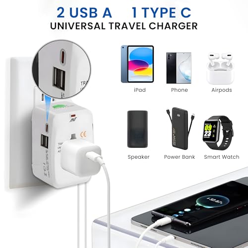 Image of Ant Amigo 201 Universal Travel Adapter with 3 Type-C & 2 USB Ports, Worldwide All-in-One International Plug Adapter for 150+ Countries, Fast Charging Travel Charger for Phone Laptop Camera White