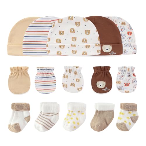 Image of Ruliby Baby Hats Mittens and Socks Set Cotton Newborn Hat Beanie Soft Infant Girls Boys Caps Gloves 0-6 month