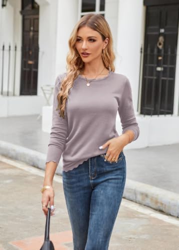 Image of GRACE KARIN Long Sleeve Fall Sweaters for Women Trendy Business Casual Tops | Fashion Clothes,Classic Pullover Shirt,Crew Neck,Scalloped,Lightweight,Soft Comfy,Fitted,Knit,Stretchy,Winter Layer Clothing