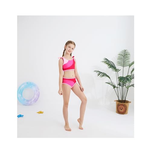 Image of Girls Two Piece Swimsuits Color Block Bowknot Swimwear Summer Beach Bikini Set Little Girl Bathing Suit with Chest Pad 3-10T