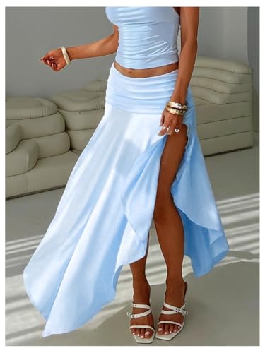 GORGLITTER Women's Ruched Flowy Asymmetrical Maxi Skirt High Slit Low Rise Boho Skirts2