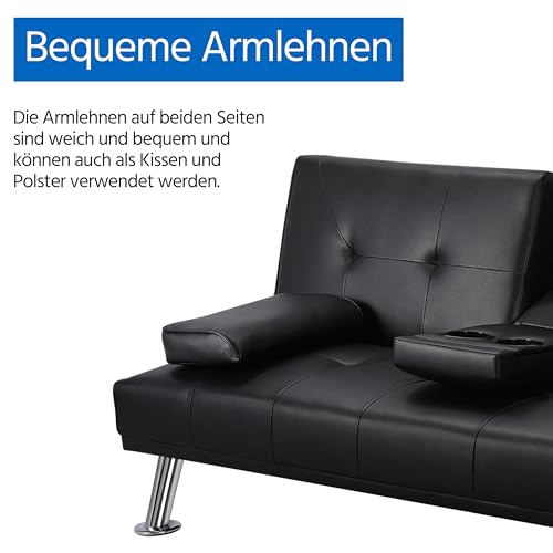 Yaheetech 3er-Sofa Schlafsofa Couch mit Tassenhalter Gästebett, Rückenlehne neigbar 105°/140°/180°, 167 x 81,5 x 75 cm, 350 KG belastbar, schwarz Kunstleder
