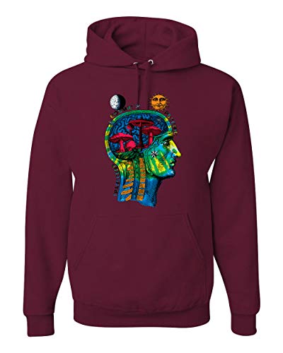 Transcend Trippy Cosmic Lunar Space Psychedelic Mushrooms | Mens Fashion Hooded Sweatshirt Graphic Hoodie, Maroon, Medium