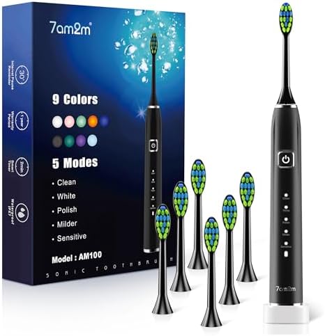 7AM2M Sonic Electric Toothbrush with 6 Brush Heads for Adults&Kids, One Charge for 120 Days, Wireless Fast Charge, 5 Modes, 40000VPM Powered Toothbrush, 2 Minutes Built in Smart Timer (Black)