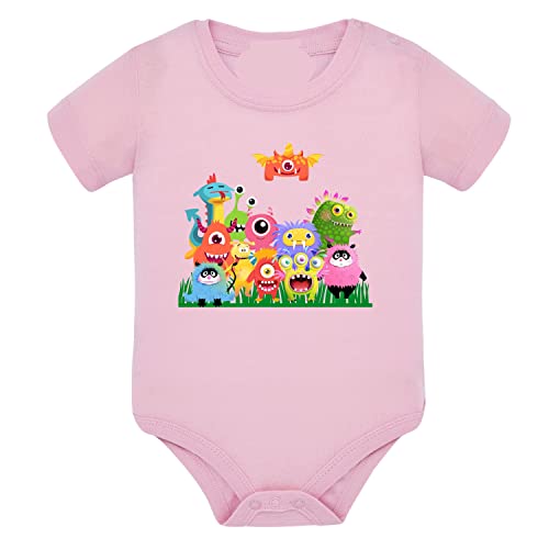 Body bébé manches courtes Monstruits rose pâle en pur coton pour fille de 6 à 9 mois
