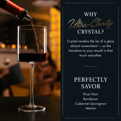 Square Red Wine Glasses Set Of 4 - Hand Blown Edge Wine Glasses - Modern Flat Bottom Wine Glasses - Unique Large Wine Glasses With Stem For Cabernet, Pinot Noir, Burgundy, Bordeaux - 17Oz Clear #TOP4