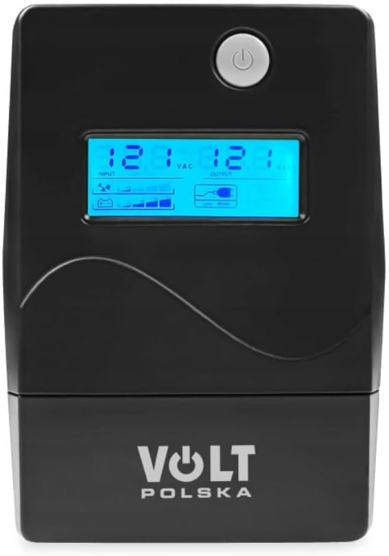 Front panel of the Volt Polska Micro UPS with illuminated LCD display and power button