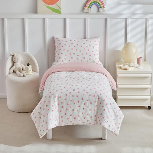 DuShow Cot Bed Duvet Cover Set,Toddler Bedding Set For Girls And Girls And Boys- Pink Heart Kids Bedding,Cot Duvet Cover & Pillow Case Set - 120x150cm