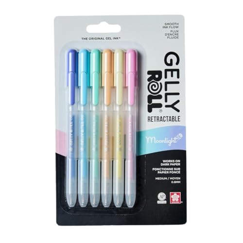 SAKURA Gelly Roll Retractable Gel Pens Colored - Opaque Color Set - Medium Point Ink Pen for Journaling, Art, or Drawing - Writes on Black Paper - Colored Gel Pens with Pastel Moonlight Ink - 6 Pack