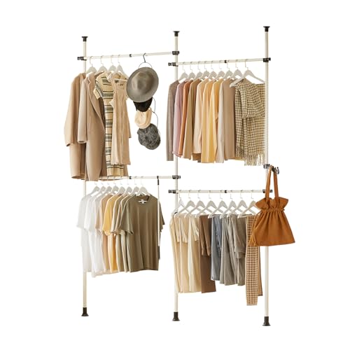 SoBuy Telescopic Appendiabiti da Terra, Robusto Stand Appendiabiti con Aste, Armadio Aperto Regolabile per Camera da Letto, Porta Abiti Bianco KLS03
