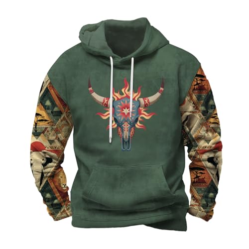 Aztec Sweatshirts for Men 2025 Fall Trendy Graphic Hoodies Patchwork Western Cowboy Sweatshirt with Kangaroo Pocket