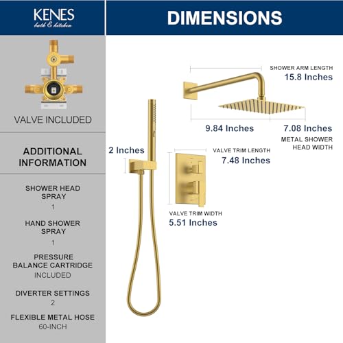 Image of KENES Brushed Gold Square Rainfall Shower System Faucet Set with Handheld