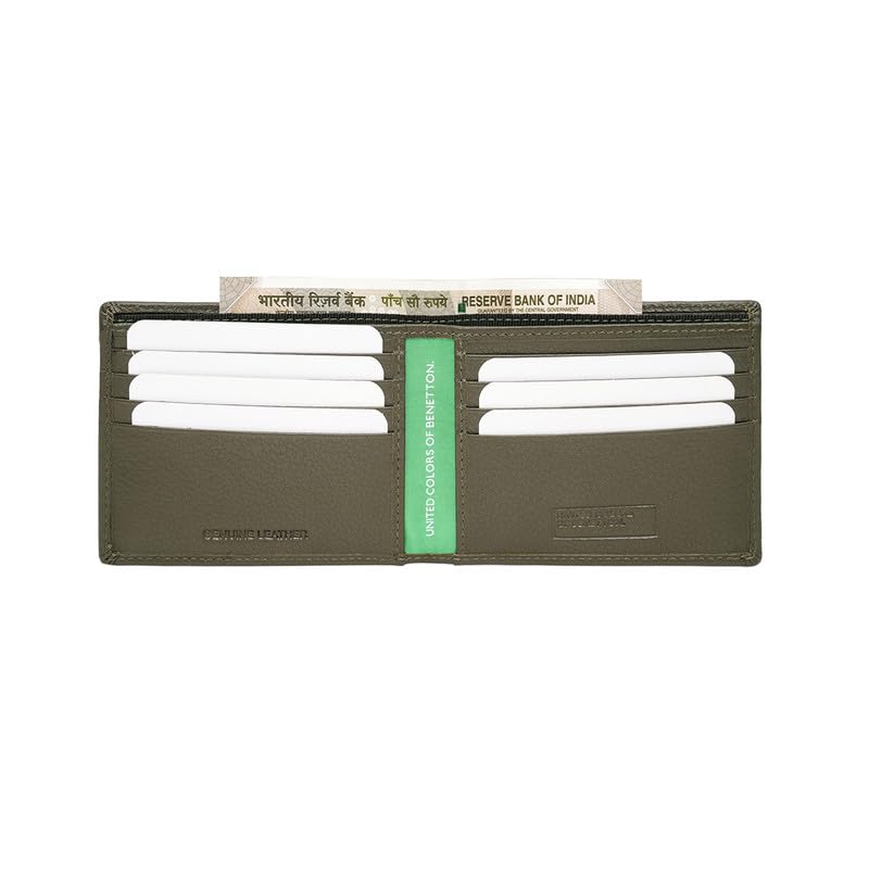 Image of United Colors of Benetton Men's Minimalist Leather Slimfold Wallet Gladbeck - Olive | Thin Bifold with 8 Card Slots & 2 Compartments | Stylish Purse of Gents