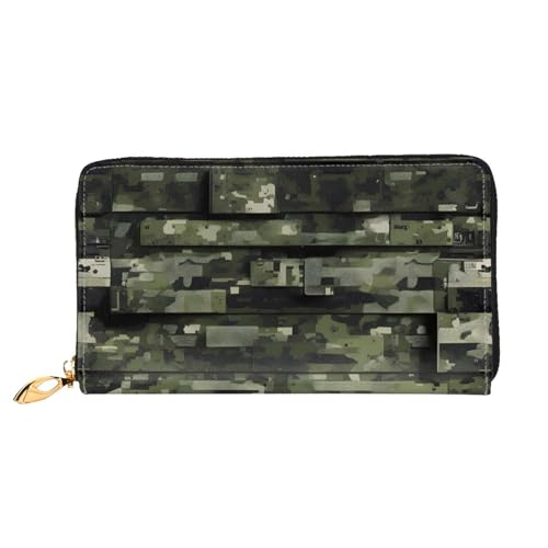 Portefeuille long en cuir imprimé camouflage digital pour femme avec grand clip et porte-cartes