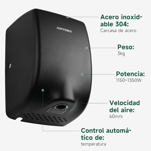 Miniatura 5 de Anydry Secamanos 2803y Mini, Flujo De Aire De Alta Velocidad 1350w, Acabado En Acero Inoxidable Mate Negro, Diseño Compacto Para Uso Comercial Y Doméstico Mate Negro