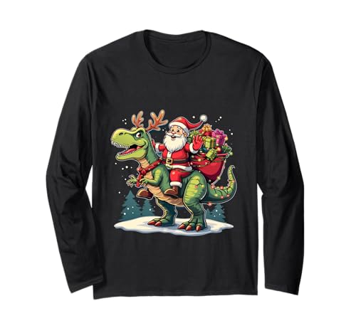 Santa Riding Dinosaur T rex Deer Xmas Lights Hombres Mujeres Niños Manga Larga