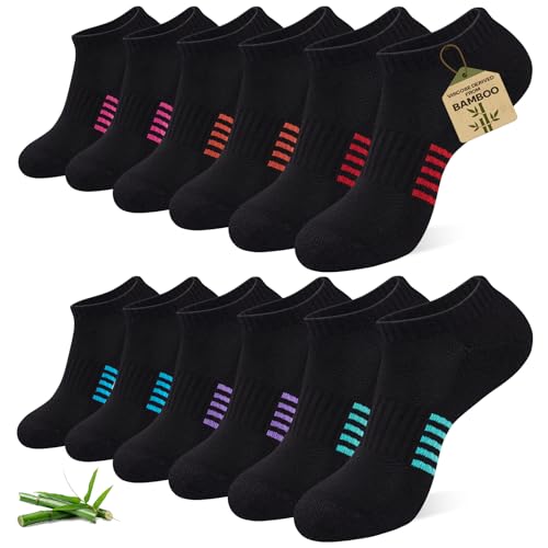 Ankle Socks for Women 6/12 Pairs Bamboo Viscose Breathable Cushioned Moisture Wicking Athletic Running Casual Low Cut Socks Multicolored Black 8-11