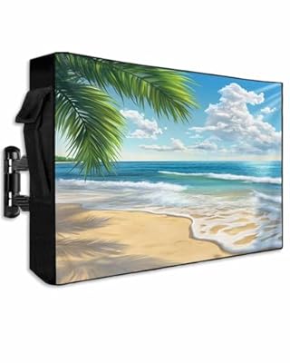 DOME-SPACE Summer Beach Blue Sky Outdoor TV Cover for Outside Flat Screen Televisions, Coastal Tropical Palm Tree Weatherproof TV Screen Protector with Zipper for 52 to 55 Inch Screens
