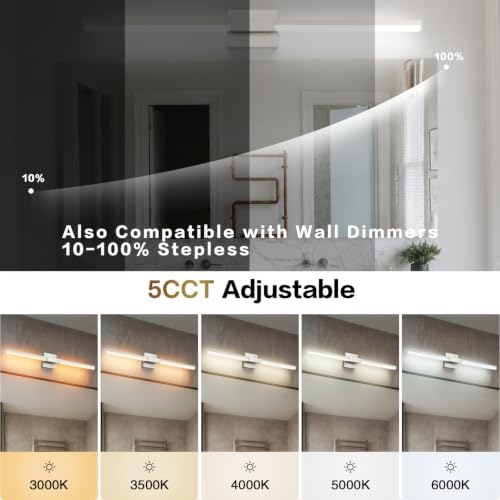 Image of SOLFART Bathroom Lights Over Mirror 40-Inch: Brushed Nickel 5CCT Dimmable Bathroom Vanity Light, Solid Frosted Acrylic, Built-in Dimmer, 360 Degree Rotation, ETL IP44