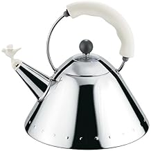 Alessi Kettle in 18/10 Stainless Steel Mirror Polished with Handle and Small Bird-shaped Whistle in Pa, White.