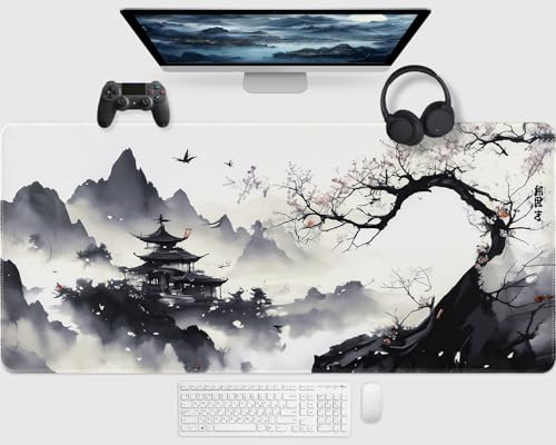 Sevenpers Mousepad,XXXL Japanische Gaming Mauspad 120x60cm Überdimensionales rutschfeste Gummimatten Tuschemalerei-Muster Mauspad für Tisch,Desktop-Computer,PC