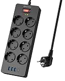 8-Fach Steckdosenleiste mit 3 USB-A und 1 USB-C, ONLYWIN 2400W/10A Mehrfachsteckdose mit Überspannungsschutz, Wandmontage Stromverteiler mit Schalter für Hause Büro, 2M Kabel Schwarz