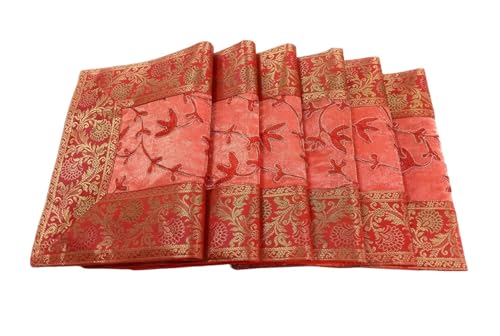 Image of Brocade Silk Placemats for Dinning Table 12 x 18 Inches Hand Embroidered, Set of 6 Decorative Placemats for Home (Orange)
