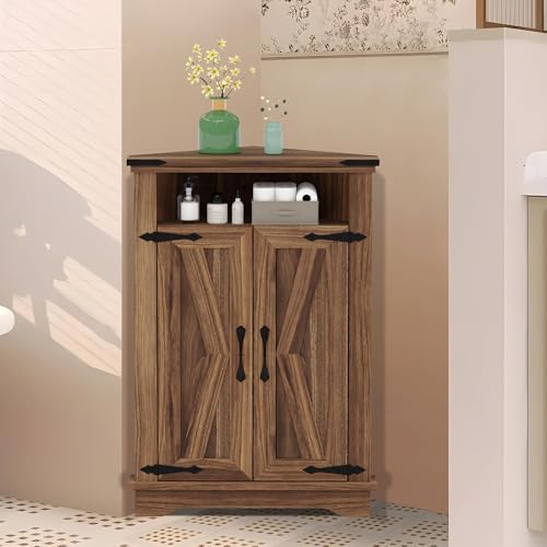 Joankaren Corner Storage Cabinet with Barn Door, Farmhouse Style Floor Standing Cabinet with Adjustable Shelves, for Living Room, Bathroom, Kitchen, Brown by JoanKaren - Image 5