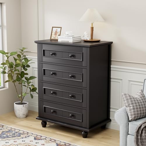 Image of 4 Drawer Dresser for Bedroom, 35'' Tall Storage Chest of Drawers, Black | Farmhouse Dresser for Closet, Wood Storage Cabinet, Vintage Roman Column Legs, Painted Finish, Easy Assembly, Heavy Duty