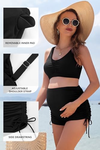 SHEKINI Umstandsbikini für Damen mit Sportoberteil und Verstellbaren Shorts(L, Schwarz)