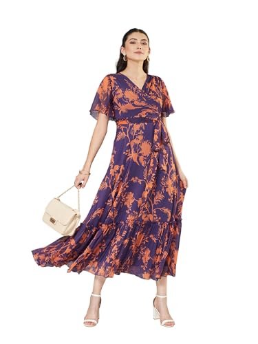 Image of Miss Chase Women's Floral V-Neck Flutter Sleeve Wrap Chiffon Maxi Dress