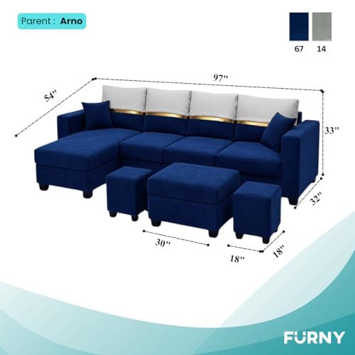 Image of Furny Arvea 8 Seater Fabric LHS L Shape Sofa Set with 1 Centre Table & 2 Puffy (Blue) | Soft Velvet Fabric | Modern Design | Comfortable Seating | Living Room Furniture