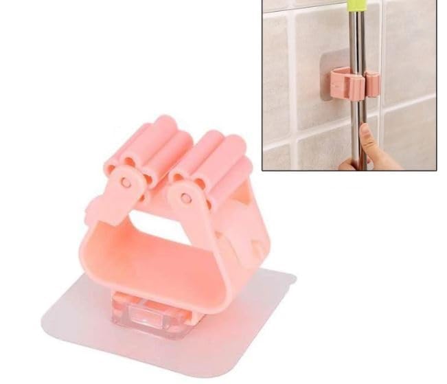 Image of Wall Mount Broom Holder, Self Adhesive Hooks, Waterproof Plastic Storage for Bathroom & Kitchen, Multicolour