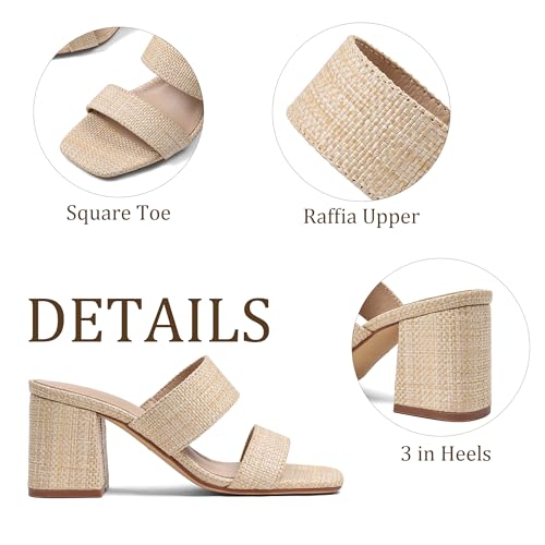 Image of Ancomafio Heeled Sandals for Women Raffia Sandals 2025 Chunky Block Heels Square Open Toe Heels Double Strap Summer Dressy Shoes Slip On