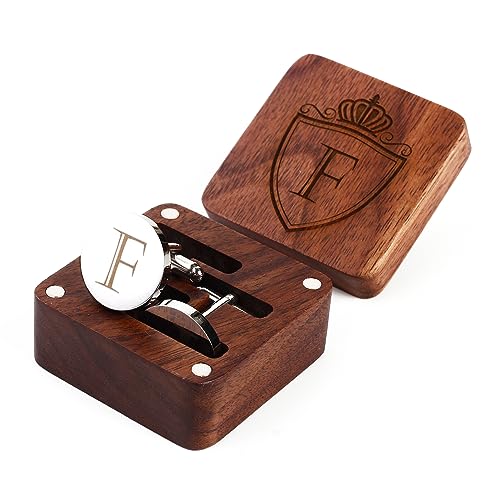 Image of Mens Initial Silver Cufflinks A-Z Alphabet Letter Steel Cuff Links with Engraved Walnut Wood Box Groom Groomsman Wedding Set
