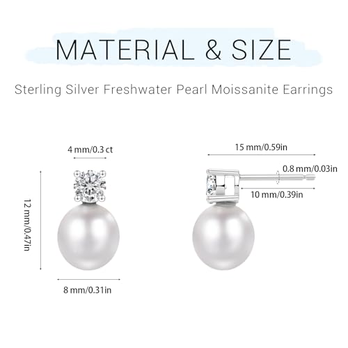 BREN Freshwater Pearl & Moissanite Earrings for Women, 925 Sterling Silver Moissanite Hypoallergenic Stud Earrings for Wedding Anniversary Jewerly Gifts for Women Wife Bride2