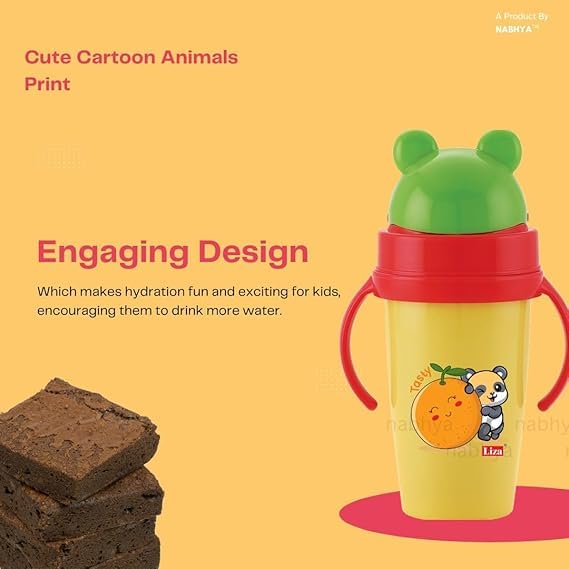 Zerya Hot & Cold Insulated Stainless Steel 360ml BPA-Free Cute Animal Design Baby Sipper Kids Water Bottle with Straw and Side Handle for Kids (Yellow) 1