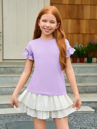 Image of Haloumoning Girls Ruffle Short Sleeve T Shirts Kids Summer Crewneck Tops Cute Tees Blouse 5-14 Years