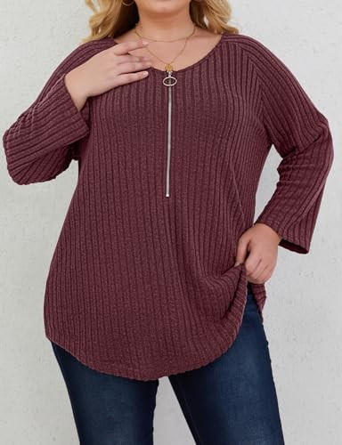 Image of Zamowoty Plus Size Tops for Women 3 /4 Roll Sleeve Shirts V Neck Zipper Solid Color Lightweight Blouses Tunic Top