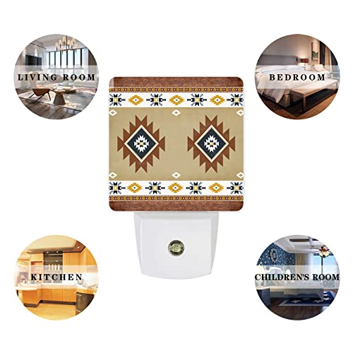 Image of Night Light Plug in LED Night Lamp Automatic Sensor Kids Night Lights Plug into Wall, Southwest Geometric Bohemian Tribal Style Khaki Square Dim Night-Lights for Bedroom Bath Kitchen Hallway Decor