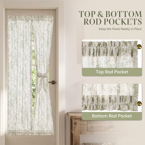 Image of jinchan Floral Sidelight Curtains for Front Door, 26x72, 2 Panels | 25% linen blend, green floral print, light filtering, rod pocket, tiebacks, washable, for front door sidelights