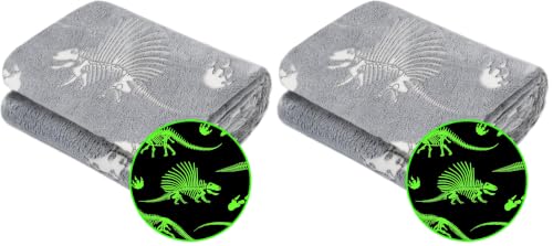 Image of Glow in The Dark Blanket Dinosaur Throw Blanket for Boys Kids Soft Warm Cozy Cute Dino Blanket Unique Dinosaurs Toys Gifts Gray Glowing Dinosaur Room Decor Blankets for Girls Teens 50 inchx60 inch (Pack of 2)