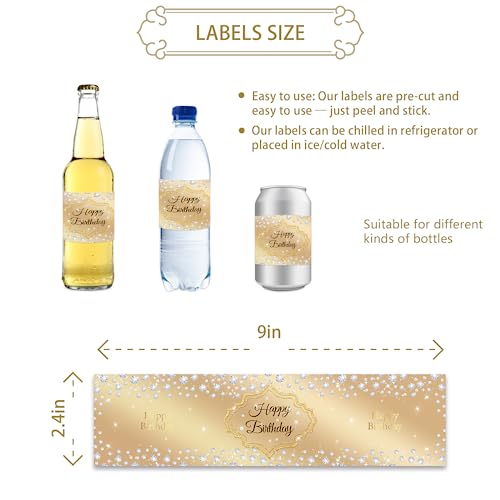 image for ROSTYAKZ 32pcs Gold Happy Birthday Water Bottle Labels, Diamond Gold G